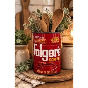 Vintage Folgers Mountain Grown Coffee Tin Can 16 Oz Automatic Drip Red Metal USA